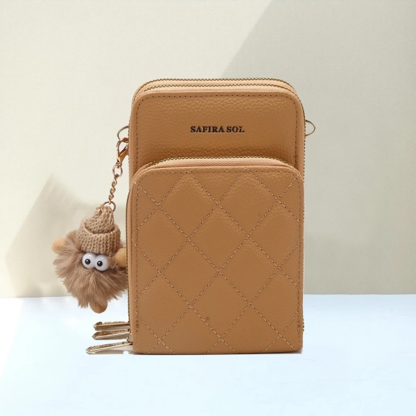 Bolsa Transversal Compacta Feminina – Cor Caramelo | 3 Compartimentos com Zíper